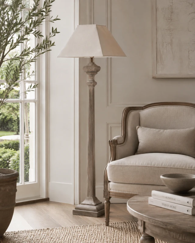 Wooden floor lamp with decorative classical base