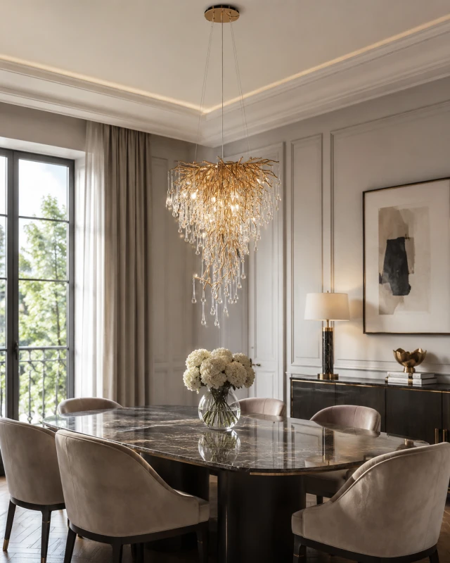 Gold chandelier with cascading transparent glass decorations