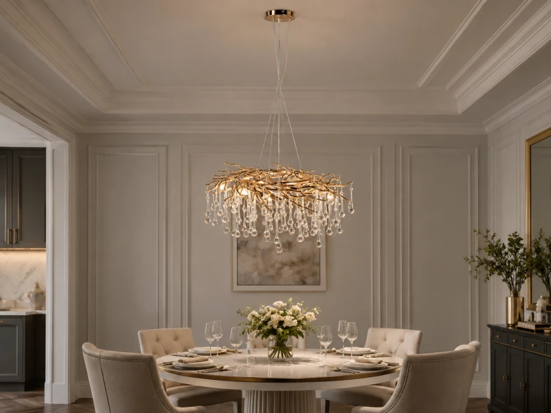 Gold chandelier with transparent glass decorations