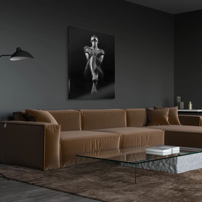 Black and white figurative canvas with metallic finish