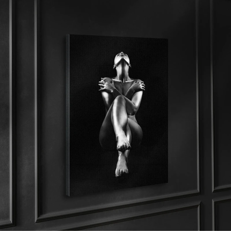 Black and white figurative canvas with metallic finish