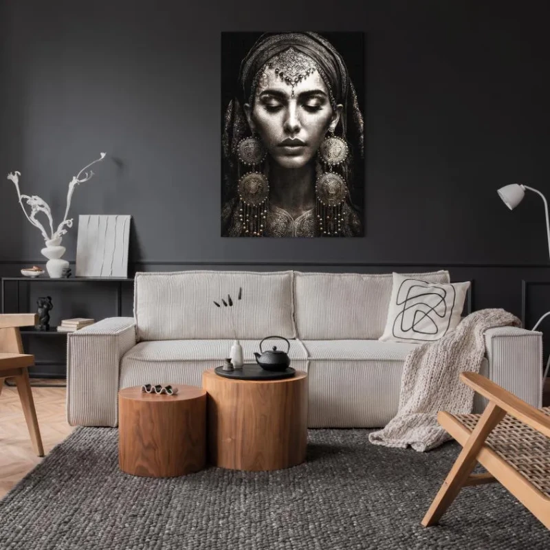 Unframed metallic canvas artwork with ornate portrait