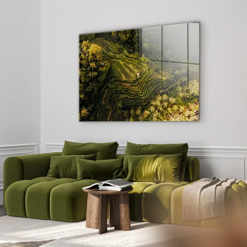 Rice Fields glass artwork above a modern sofa
