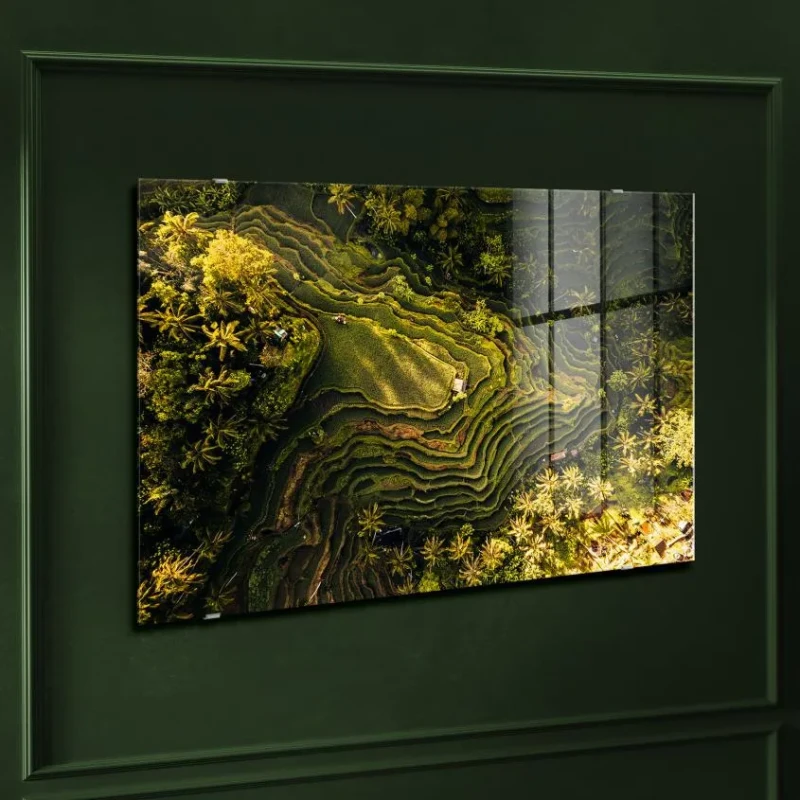 Easy-clean glass wall art with rice field landscape