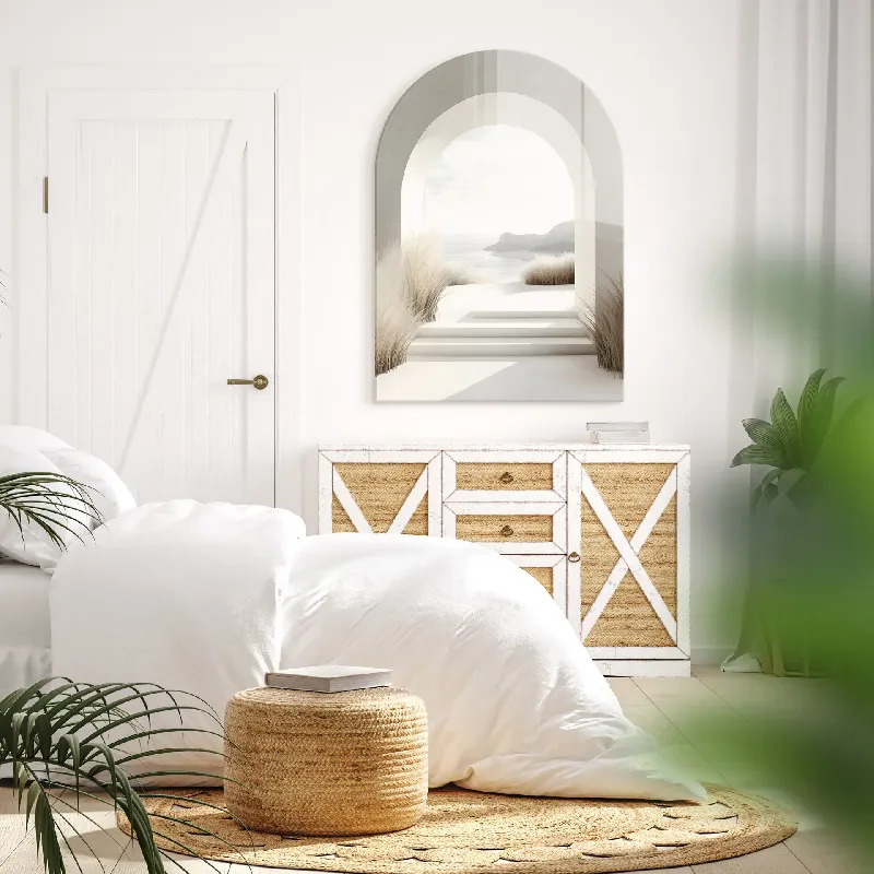 Arched coastal glass wall art in neutral tones