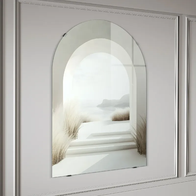 Frameless glass picture with coastal arch design