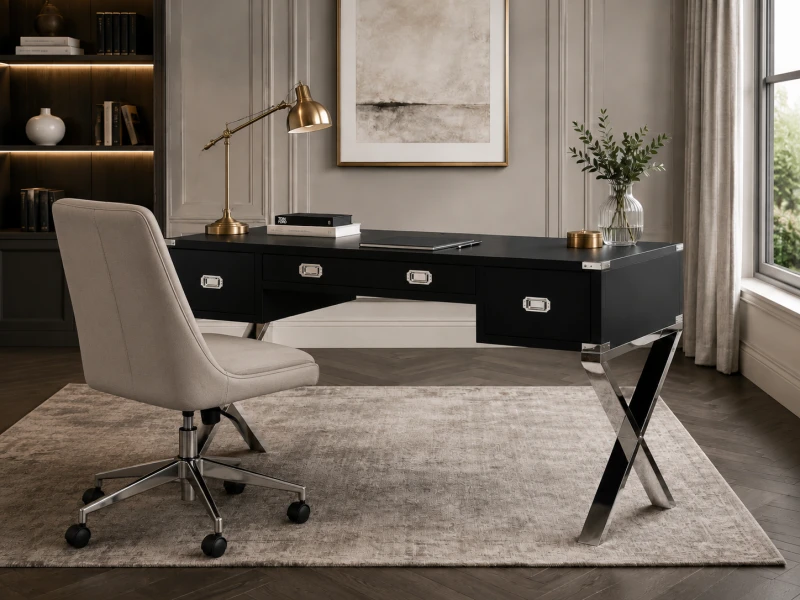 Black desk with four drawers and stainless steel base