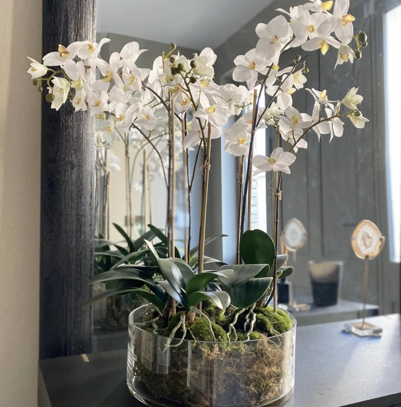 Elegant Artificial White Orchid Arrangement in White Glass Vase, H84 cm