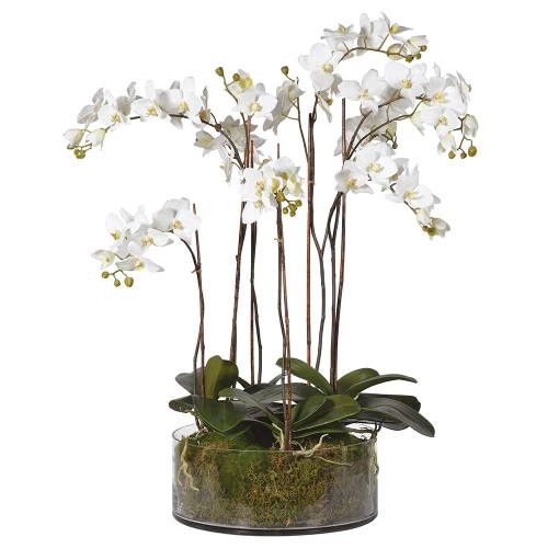 Elegant Artificial White Orchid Arrangement in White Glass Vase, 84 cm