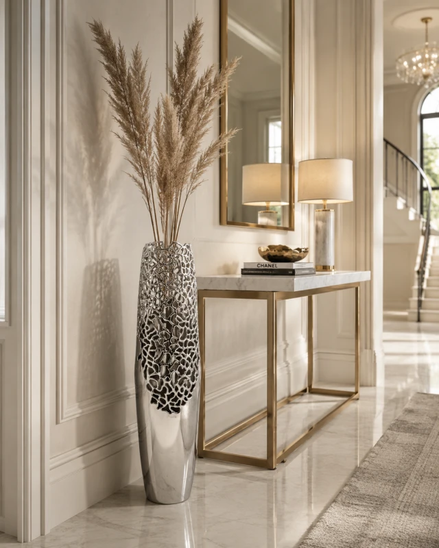 Tall pierced aluminium decorative vase