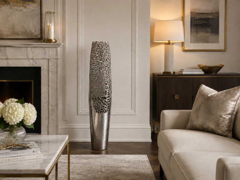 Extra-tall silver decorative vase for living room