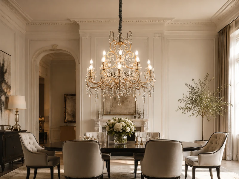 Antique gold chandelier with clear glass drops