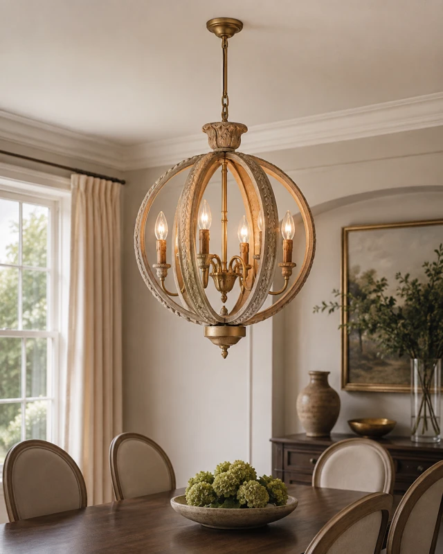 Six-light chandelier with carved globe frame