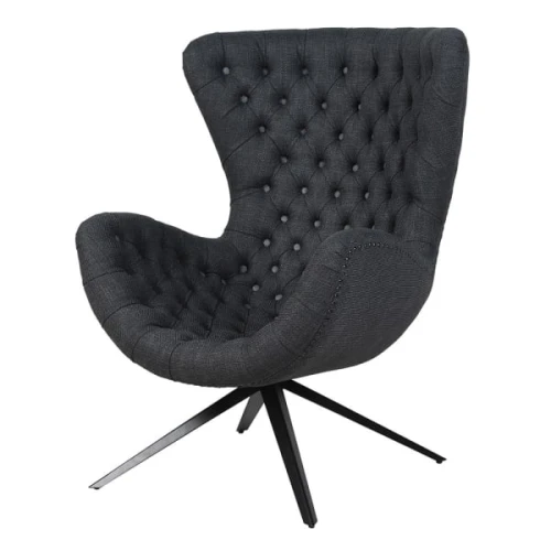Boscobel Black and White Buttoned Armchair 110 cm – Charcoal Wingback Chair with Black Metal Base