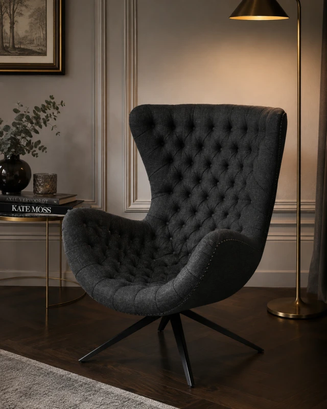 Dark upholstered armchair with black metal base