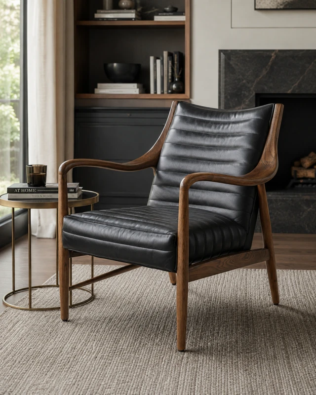 Black leather chair with sculpted wooden armrests