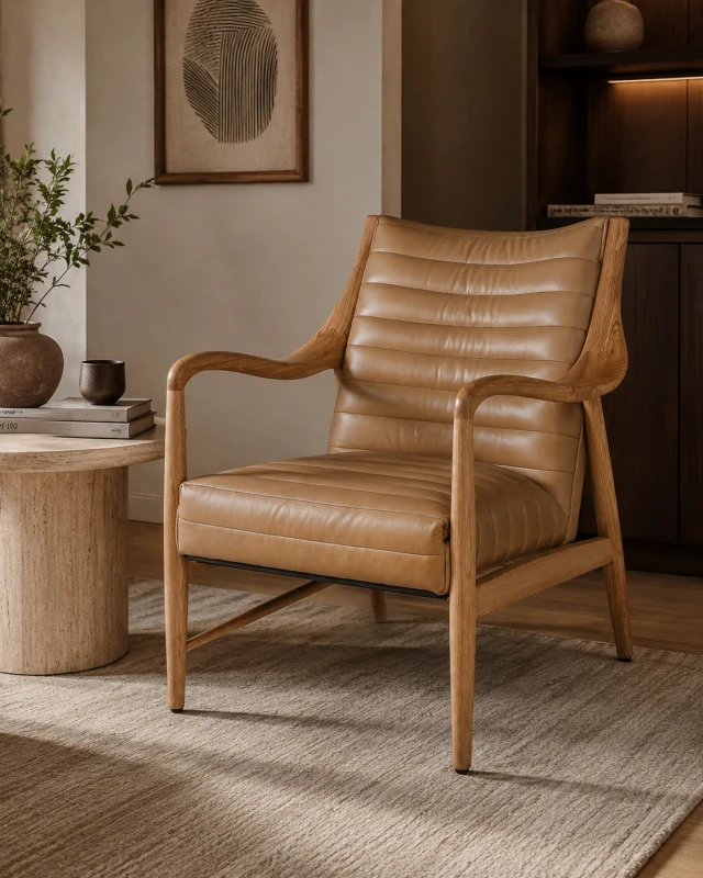 Tan leather upholstery with horizontal channel stitching