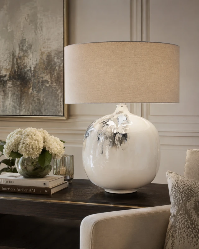 Large Eccleston Grey Table Lamp with Beige Shade – 70 cm