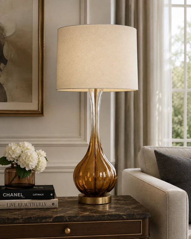 Amber Glass Large Table Lamp, 80 cm, with Glass Base and Pure Linen Shade