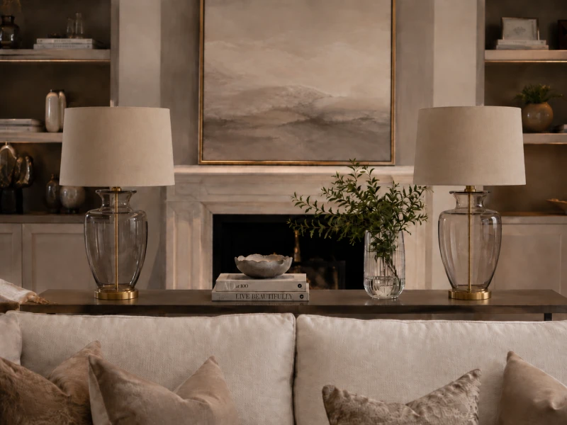 Large glass table lamp with beige linen shade