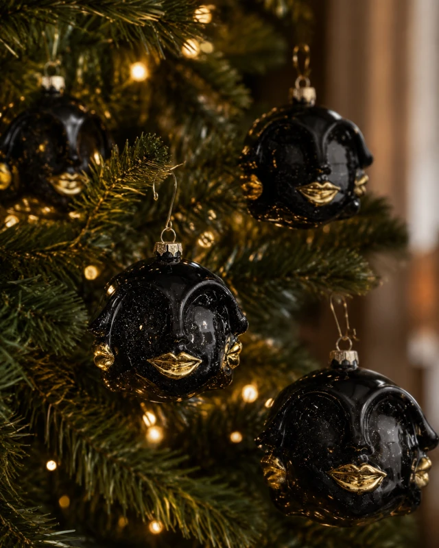 Black glass face ornament with metallic gold lips