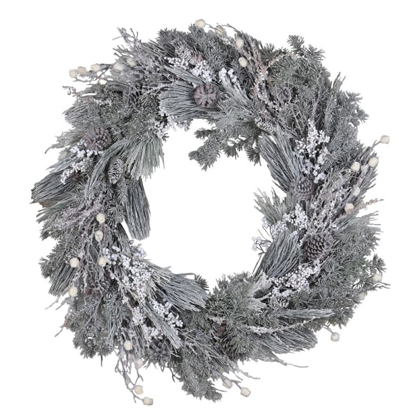 Large frosted Christmas wreath with pinecones and white berries