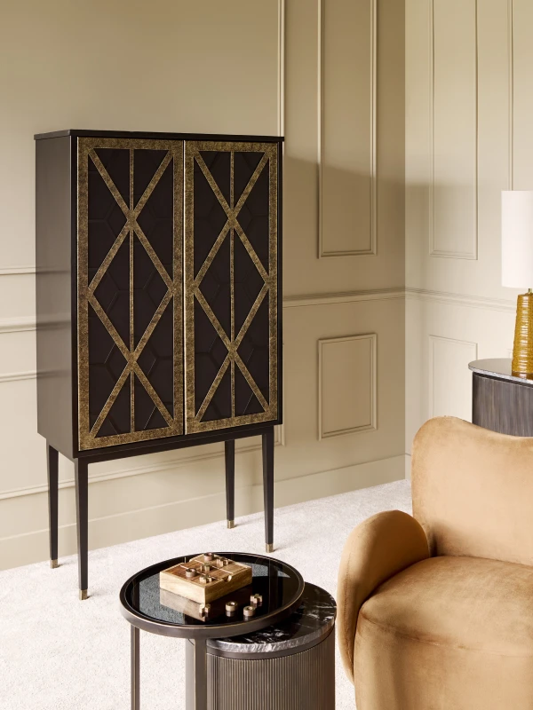 Reno drinks cabinet with dark wood and gold iron detailing