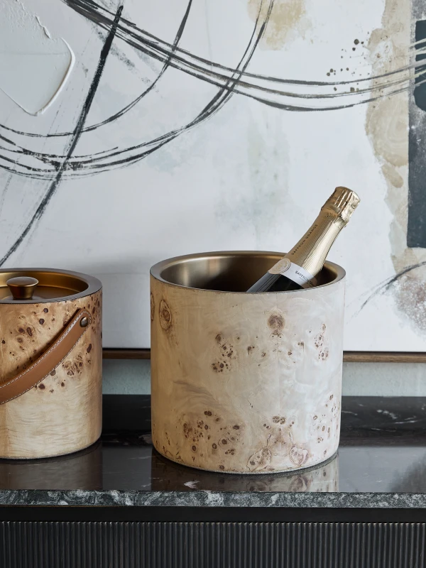 Champagne cooler with decorative burl veneer