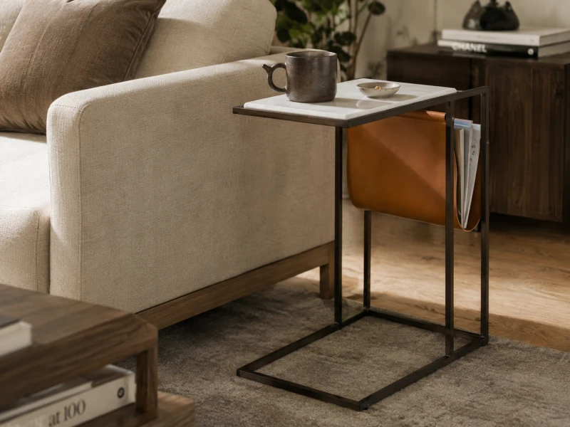 Side table with leather magazine sling