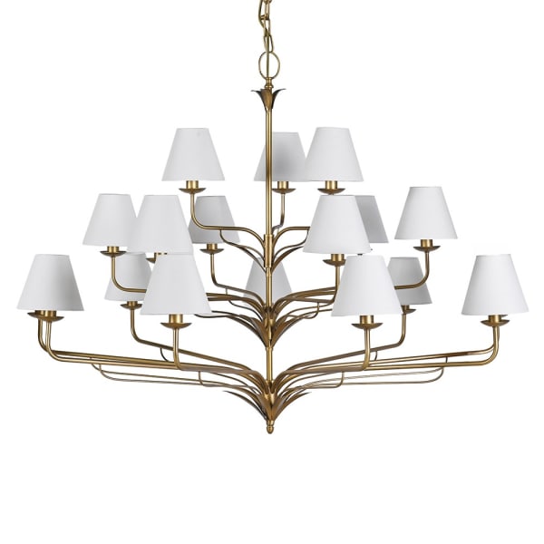 Chesham White gold chandelier 137 cm with 18 linen shades