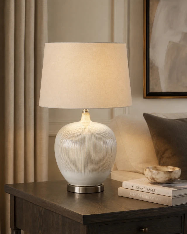 Beige Ball Table Lamp 62 cm, round ceramic base, linen lampshade