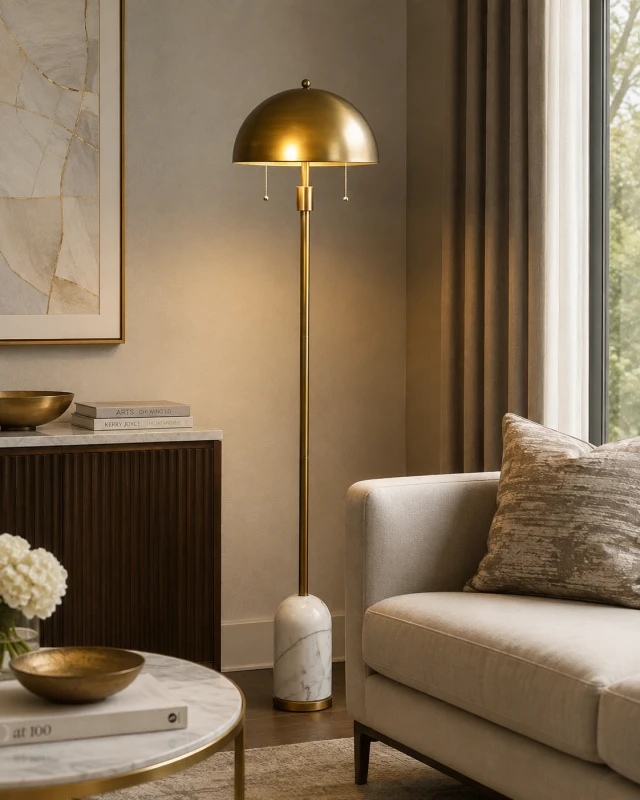 Gold Standard Lamp 160 cm marble base gold dome shade