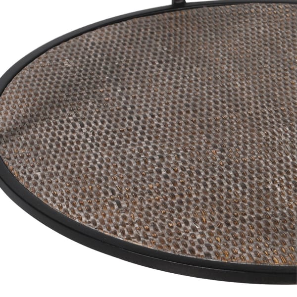 Round glass side table with woven shelves