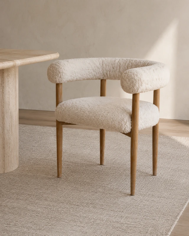 Cream dining chair with arms and solid ash wood legs