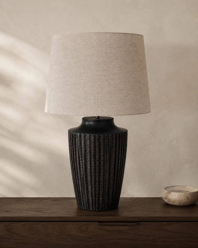 Large Junio Table Lamp displayed on a dark wood sideboard
