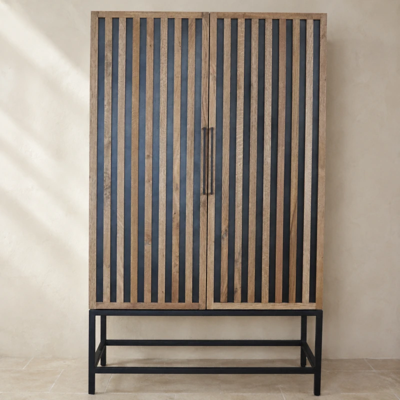 Enderby wooden storage cabinet with two doors and raised black iron base