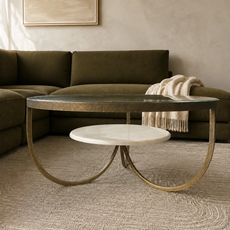 Mayfair Marble Round Coffee Table 91,5 cm iron in antique gold marble glass top
