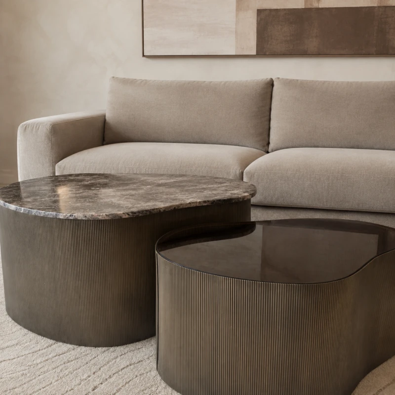 Cloud coffee table set with natural Emperador marble and brown smoked glass tops