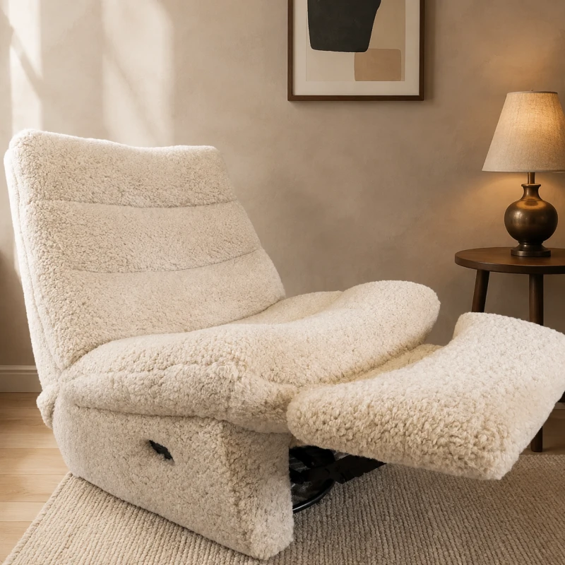 Luxury faux sheepskin lounge chair with manual reclining mechanism