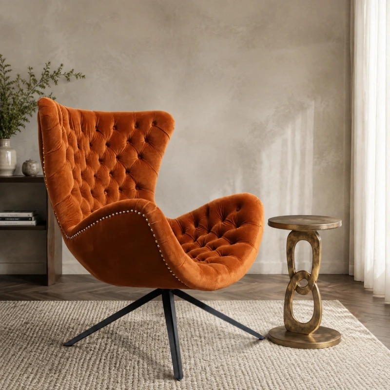 Boscobel orange velvet swivel armchair with button-tufted high back