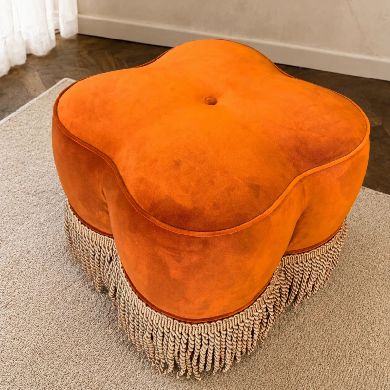 Claridge Orange Pouffe Stool – 55 cm Velvet with Decorative Fringes