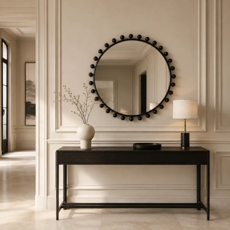 Bubble black round mirror styled above a console table in a hallway