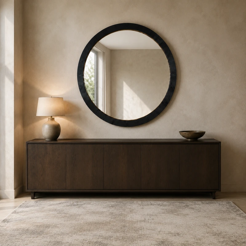 Sloane 152 cm round mirror above a dark wood sideboard in an elegant dining room