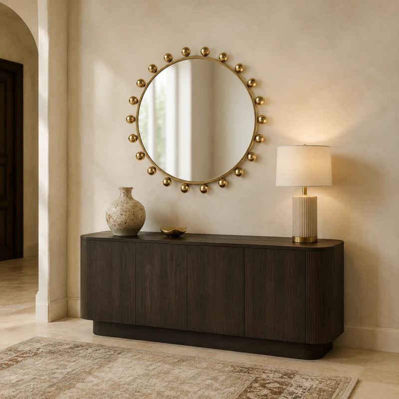 Bubble Gold 80 cm round mirror above a dark wood sideboard in an elegant hallway