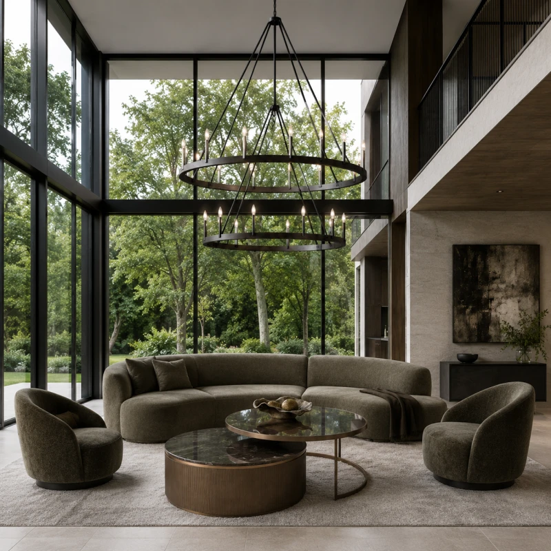 Primrose Royal nesting coffee tables beside a sofa in an elegant living room