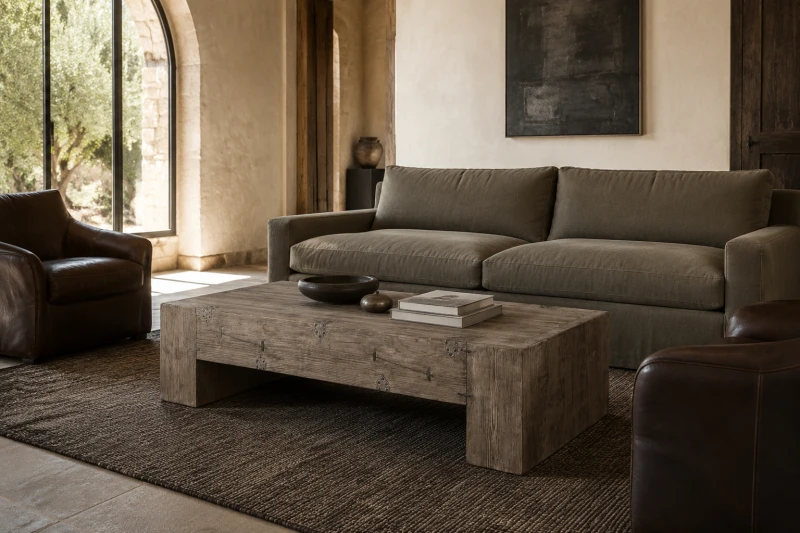 Tuscany 160cm reclaimed pine coffee table in a luxury Mediterranean-style living room