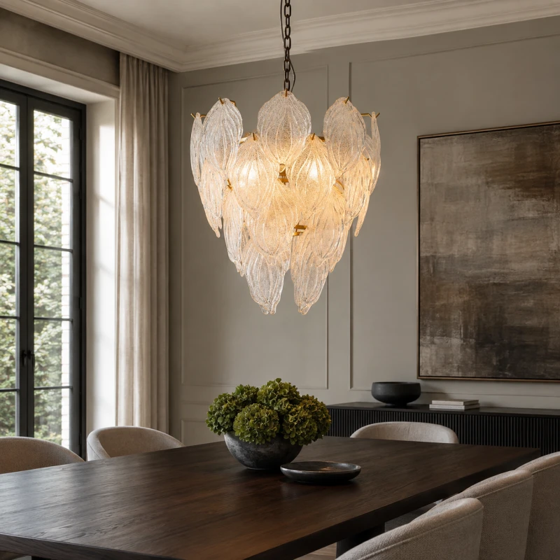 Frosted Glass Leaves Chandelier - 62 cm with Golden Details