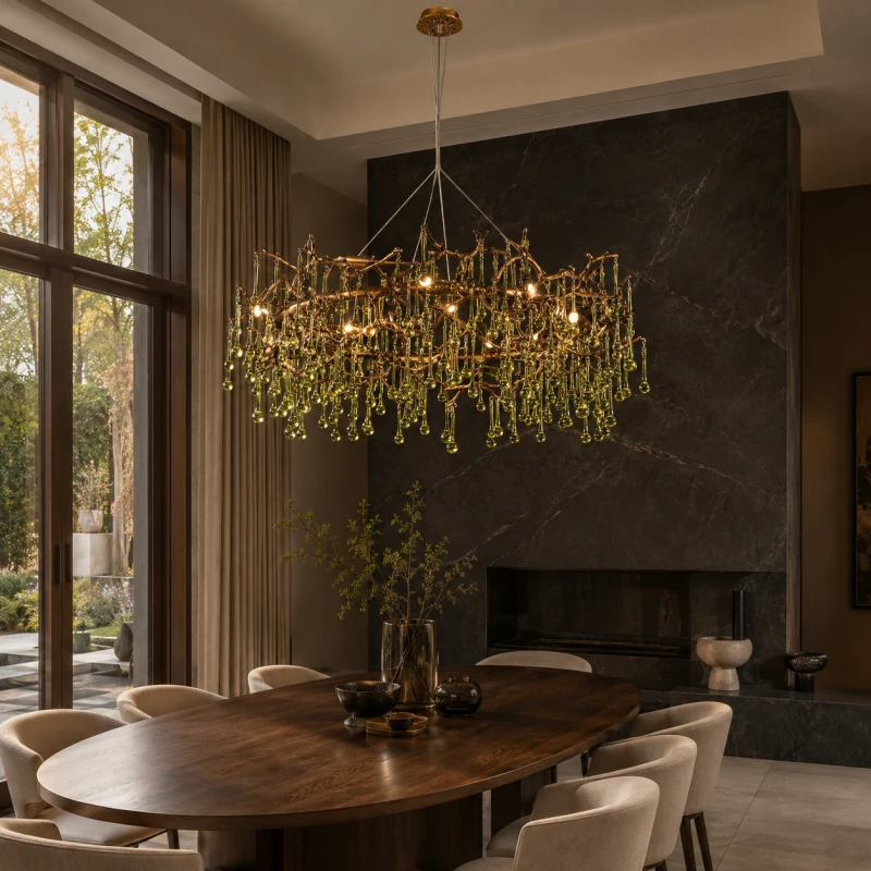 Innovation Green Chandelier 103x42 cm with Green Glass Drops and Gold Frame