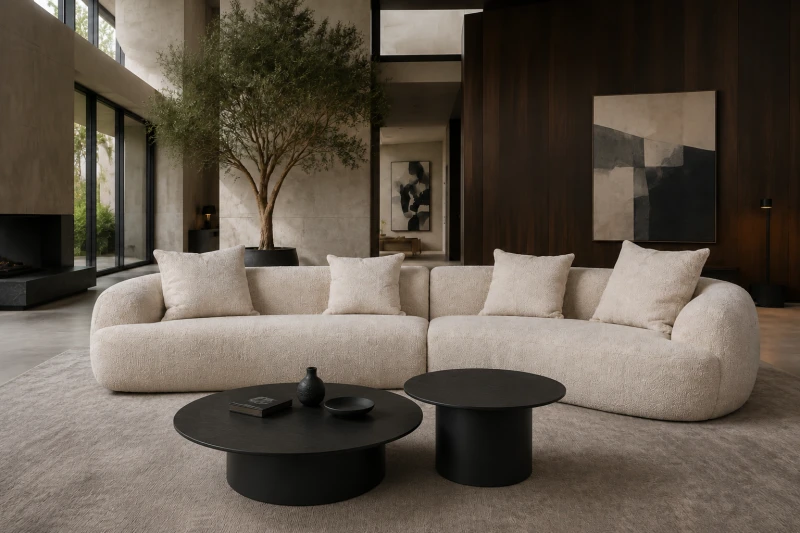 Ava cream bouclé sofa with an asymmetric organic silhouette