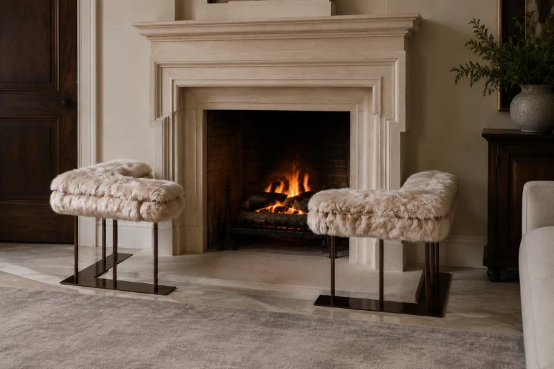 Almond sheepskin fire fenders styled beside a limestone fireplace